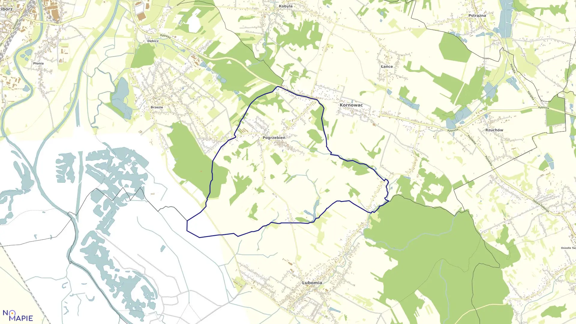 Mapa obrębu POGRZEBIEŃ w gminie Kornowac